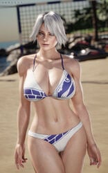 3d athletic athletic_female beach big_breasts blue_eyes breasts busty christie_(doa) darts77 dead_or_alive female female_focus female_only hourglass_figure large_breasts outdoors outside pinup pinup_pose shoulder_length_hair silver_hair tagme wide_hips