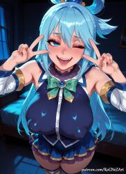 1girl 2026 ;d ai_generated anime aqua aqua_(konosuba) bangs bare_shoulders bed blue_eyes blue_hair blue_shirt blue_skirt blush boobs bow breasts cleavage covered_nipples crossover detached_sleeves double_v eye_contact female female_focus flushed hair_accessory hair_between_eyes hair_ornament hair_rings highres huge_breasts indoors inside kono_subarashii_sekai_ni_shukufuku_wo! konosuba large_breasts long_hair looking_at_viewer moaning night nsfw one_eye_closed open_mouth patreon patreon_username rognezart skirt smile smiling solo teeth thighhighs v very_long_hair