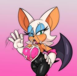 anthro bat bodily_fluids breasts clothing cum cum_on_breasts cum_on_face cumshot cumshot_in_chest cumshot_in_mouth cumshot_on_face eyeshadow facial female fur genital_fluids gesture gloves green_eyes guillion hand_gesture hand_on_hip handjob_gesture handwear hi_res honduran_white_bat leaf-nosed_bat makeup mammal membrane_(anatomy) membranous_wings microbat open_mouth pink_background rouge_the_bat sega simple_background solo sonic_the_hedgehog_(series) suggestive suggestive_gesture tail tan_body tongue tongue_out unitard white_body white_fur wings yangochiropteran
