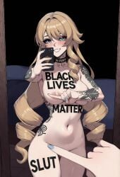 ai_generated ai_assisted nay_juno mihoyo hoyoverse navia_(genshin_impact) genshin_impact 1girl solo long_hair breasts smile blush blue_eyes large_breasts blonde_hair holding navel very_long_hair sidelocks thighs :d nude choker stomach grin nail_polish black_choker tattoo groin makeup pov phone drill_hair holding_phone meme blue_nails areola_slip covering_privates reflection mirror arm_tattoo selfie covering_crotch drill_sidelocks female_pov reflection_focus mirror_selfie one_finger_selfie_challenge_(meme) one_finger_selfie_challenge blacked blacked_asian blacked_female blacked_tattoo tattoos