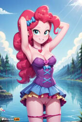 breasts solo panty_pull underwear pussy blue_eyes panties outdoors long_hair smile armpits red_hair tutu looking_at_viewer cleavage jewelry skirt water artist_name day uncensored necklace hair_bow bow arms_up medium_breasts tree heart blue_skirt grin flower cloud pond strapless heart_necklace dress sky ass_visible_through_thighs bare_shoulders blue_bow cleft_of_venus rule34lab hi_res ai_generated pinkie_pie_(eg) pinkie_pie_(mlp) equestria_girls friendship_is_magic my_little_pony 1girls female_human