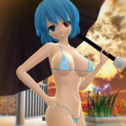 2025 3d mmd mikumikudance hati_yukkuri_mmd touhou youkai kogasa_tatara kogasa_tatara_(umbrella) umbrella heterochromia short-haired_female cyan-haired_female sunset outdoors clouds sky garden flowers holding_umbrella light-skinned_female looking_at_viewer smiling_at_viewer bedroom_eyes breasts cleavage clavicle midriff navel hips waist hand_on_hip bikini swimsuit cyan_bikini