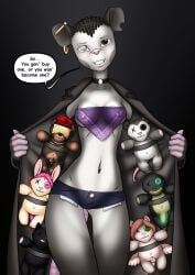 2026 anthro biped black_eyes black_hair blind_eye bottomwear breasts choker clothed clothing coat countershade_face countershade_fur countershade_torso countershading crop_top danaume denim denim_bottomwear denim_clothing denim_shorts dialogue ear_piercing english_text eyebrows female fur grey_body grey_fur grin hair hi_res jewelry looking_at_viewer mammal murid murine navel necklace nipple_outline notched_ear piercing pink_nose plushie presenting rat rodent shirt short_hair shorts simple_background skimpy small_breasts smile solo speech_bubble talking_to_viewer text topwear voodoo voodoo_doll white_body white_countershading white_fur