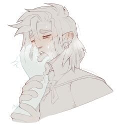 1010 2boys alternate_hairstyle blush crying ear_piercing elf_ears fangs gay grabbing_hand hair_down licking_fingers licking_hand long_hair long_tongue no_straight_roads piercing purlhew_(no_straight_roads) robot robot_boy saliva sweat zimelu_(no_straight_roads)