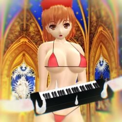 2025 3d mmd mikumikudance touhou hati_yukkuri_mmd short-haired_female brown-haired_female brown-eyed_female piano ghost_girl hat headwear open_mouth arms_behind_back breasts cleavage clavicle midriff big_breasts red_bikini bikini swimsuit looking_at_viewer blurry_background lyrica_prismriver hips waist navel