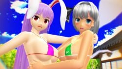 2025 3d mmd mikumikudance touhou hati_yukkuri_mmd duo_female reisen_udongein_inaba youmu_konpaku rabbit_humanoid rabbit_girl rabbit_ears ghost_girl tanned_female light-skinned_female outdoors trees clouds sky blue_sky bikini swimsuit pink_bikini green_bikini long-haired_female short-haired_female pink-haired_female grey-haired_female headband headwear red-eyed_female blue-haired_female bikini_top open_mouth blurry_background