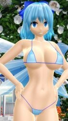 2025 3d mmd mikumikudance touhou hati_yukkuri_mmd cirno fairy fairy_wings hips waist navel breasts big_breasts cleavage clavicle hands_on_hips smiling_at_viewer looking_at_viewer blue_bow blue-haired_female blue-eyed_female bikini swimsuit blue_bikini outdoors sky sunset clouds garden flowers white_rose