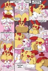 2026 absurd_res anthro anthro_only anus areola bed big_breasts big_tail biped black_nose blush bodily_fluids bottomwear breasts buckteeth butt clothed clothed_female clothing comic constricted_pupils dialogue digitigrade duo english_text eyes_closed female female/female fuf fur furniture generation_3_pokemon generation_4_pokemon genital_fluids genitals hair head_tuft heart_symbol hi_res humanoid_genitalia humanoid_vulva kissing kneeling looking_at_another looking_at_partner lying lying_on_bed markings nintendo nipple_outline nipples no_underwear nude nude_female on_back on_bed open_mouth pachirisu pink_hair pink_markings plusle pokemon pokemon_(species) pupils red_bottomwear red_clothing red_skirt rosy_cheeks shiny_(petokikka) shirt short_hair skirt small_pupils speech_bubble spiked_tail spikes spikes_(anatomy) sweat tail tail_markings teeth text tongue topwear tuft undressing vaginal_fluids vulva white_body white_clothing white_fur white_shirt white_topwear yellow_body yellow_fur