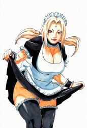 1girls accurate_art_style accurate_body_type ai_generated alternate_costume apron big_breasts black_thighhighs breasts brown_eyes cleavage closed_mouth clothed clothes_lift clothing collarbone colored_nails deep_cleavage dress dress_lift enmaided facing_viewer female female_focus female_only frilled_apron frilled_choker frilled_thighhighs frills full_color headdress high_resolution highres huge_breasts large_breasts leaning_forward legwear lifted_by_self light-skinned_female light_skin line_art looking_at_viewer maid maid_apron maid_headdress maid_outfit maid_uniform manga_style mature_female nail_polish naruto naruto_(series) naruto_shippuden no_panties official_style oppai orange_eyes pinup puffy_sleeves red_nails shiny_skin short_sleeves simple_background skirt skirt_lift skirt_up smile soft_shading solo solo_focus thighhighs thighs thin_eyebrows three-quarter_view tsunade v-shaped_eyebrows waifu waist_apron white_apron white_background wrist_cuffs