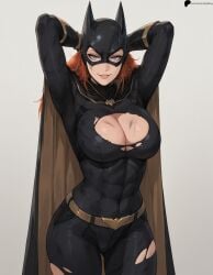 1girl 1girls abs ai_generated batgirl batman_(series) belt black_bodysuit blue_eyes bodysuit breasts cape closed_mouth dc dc_comics hi_res high_quality high_resolution highres large_breasts light lips long_hair looking_at_viewer muscular muscular_female nose opal_nemy opalnemy orange_hair patreon_logo patreon_url patreon_username plain_background self_upload shadow shiny shiny_clothes shiny_hair shiny_skin simple_background smile solo thighs torn_clothes watermark white_background
