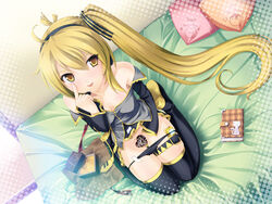 akita_neru blonde_hair cellphone censored chocolate detached_sleeves fanloid food long_hair panties panty_pull phone side_ponytail sitting solo thighhighs underwear vocaloid yellow_eyes yumeno_mikan