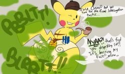 2d 2d_(artwork) ass ass_focus big_penis blush brappycatty bubble_ass detective_pikachu digital_media_(artwork) disgusted dizzy fart fart_fetish farting farting_on_another hat image light_brown_background looking_back meowth panties panties_transformation pokemon smirk smoking_pipe sunniefunnie tagme talking tears yellow_body