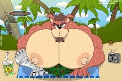 1boy 2024 anthro bara beach beach_towel bulge coconut crash_(series) crunch_bandicoot furry furry_only goatee island lynnsdarkside male male_only muscular nipples palm_tree puffy_nipples radio robotic_arm solo soup220305 video_games wumpa_whip