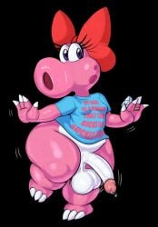 accessory anthro balls barefoot big_balls big_penis birdo birdo_(character) black_background bodily_fluids bottomless claws clothed clothing dinosaur eyelashes feet genital_fluids genitals guillion gynomorph hair_accessory hair_ribbon hi_res intersex mario_bros nintendo penis pink_body precum prehistoric_species purple_eyes reptile ribbons ring_(jewelry) scalie shirt simple_background solo thick_thighs toe_claws topwear trans_(lore)