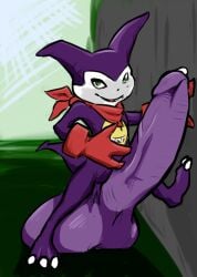 2014 balls bandai_namco big_balls big_penis clothing digimon digimon_(species) genitals gloves handwear impmon male outside penis purple_body saphiros solo