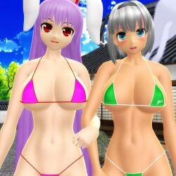 2025 3d big_breasts bikini blue-eyed_female blue_sky breasts cleavage clouds duo_female ghost_girl green_bikini grey-haired_female hati_yukkuri_mmd headband headwear hips holding_each_other humanoid light-skinned_female long-haired_female looking_at_viewer mikumikudance mmd open_mouth outdoors pink-haired_female pink_bikini rabbit_ears rabbit_girl red-eyed_female reisen_udongein_inaba short-haired_female sky swimsuit tanned_female touhou trees waist will-o-wisp youmu_konpaku