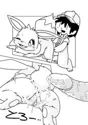 anus blush clothed clothing comic cum cum_in_pussy cum_inside eevee female feral fur human japanese_text kesu_pu male mammal monochrome nintendo open_mouth penis pokemon pussy pussy_juice straight text video_games