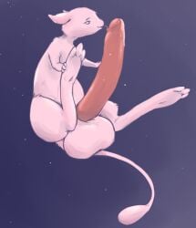 2014 balls big_penis generation_1_pokemon genitals legendary_pokemon male mew_(pokemon) mythical_pokemon nintendo penis pink_body pokemon pokemon_(species) purple_background saphiros simple_background solo