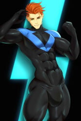 1boy batman_(series) bulge bulge_through_clothing costume_swap costume_switch dc dc_comics dick_grayson flexing gasaiv green_eyes male male_only nightwing red_hair skin_tight smiling_at_viewer smirk solo solo_male the_flash the_flash_(series) wally_west