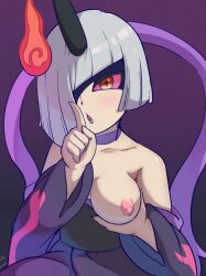 kinu_(artist) unkaind fukai level-5 yo-kai_watch_2 yo-kai_watch 1girls solo solo_focus solo_female pixiv hushing shushing breast_slip purple_lipstick robe_only robe_pull black_robe purple_sash red_eyes yellow_iris gray_hair gray_hair_female grey_hair grey_hair_female purple_collar collar black_sash pink_nipples pink_areola erect_nipples hair_covering_eye eye_covered mouth_open o_mouth red_tongue small_breasts black_horn horn purple_robe hitodama no_bra no_bra_under_clothes topwear_pull topwear topwear_only bobcut bob_cut shadow_over_eyes shadow_over_face nose hand_under_breast hand_under_breasts squeezing_breast squeezing pov purple_background gradient_background black_background