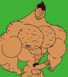 1boy 2016 bad_anatomy balls bara brown_hair dreamworks erection flat_colors gay green_background grug_crood male male_only muscular nipples penis pubic_hair simple_background solo the_croods wish-granter yaoi