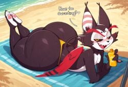 ai ai_generated beach beach_towel big_booty big_butt booty fat_ass hazbin_hotel husk_(hazbin_hotel) looking_at_viewer old_male older_male on_belly sunscreen thong thong_only