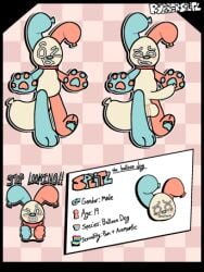 anthro balloon balloon_animal balls english_text genitals inflatable low_res male male/male penis puppyboy rubbersplitz solo splitz_(rubbersplitz) text