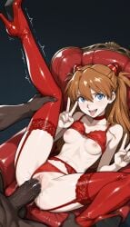 1boy 1girl ai-generated ai_generated asuka_langley_sohryu bangs bare_arms black_background blue_eyes blush boots bra bra_lift breasts brokewyt brown_hair chair choker clothing_aside collarbone dark-skinned_male dark_skin double_v evangelion garter_belt hair_between_eyes hetero high_heels interface_headset interracial lingerie long_hair looking_at_viewer lying medium_breasts navel neon_genesis_evangelion nipples on_back open_mouth orange_hair panties panties_aside penis pussy red_bra red_choker red_footwear red_panties red_thighhighs sex shiny simple_background smile solo_focus souryuu_asuka_langley teeth testicles thigh_boots thighhighs tongue tongue_out trembling uncensored underwear underwear_only upper_teeth_only v vaginal veins veiny_penis
