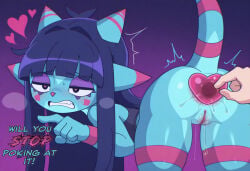 1girls ai_generated anus ass ass_focus blue_body blue_skin butt_focus butt_plug female female_focus kami_(vitzypie) lizard lizard_girl long_hair looking_back scalie scalie_female scalie_humanoid tail vitzypie pussy angry
