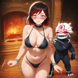 1girls ai_generated anthro big_breasts bikini blush breasts chained chained_wrists dark-skinned_male defeated_heroine dominant_male duo female fireplace grimm_(rwby) leash_and_collar leash_pull male milf mommy ntr older_female rwby shorter_male slave submissive_female summer_rose sweat taller_female