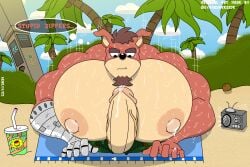 1boy 2024 anthro bara beach beach_towel coconut crash_(series) crunch_bandicoot english_text erection furry furry_only goatee island lynnsdarkside male male_only muscular nipples palm_tree penis penis_through_fly puffy_nipples radio robotic_arm solo soup220305 sweatdrop text veiny_penis video_games wumpa_whip