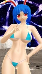 2025 3d mmd mikumikudance touhou hati_yukkuri_mmd rabbit_humanoid rabbit_girl rabbit_ears seiran_(touhou) light-skinned_female breasts big_breasts cleavage clavicle hips waist one_arm_up one_finger_up hand_on_hip bikini swimsuit blue_bikini open_mouth blue-haired_female short-haired_female red-eyed_female looking_at_viewer