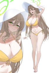 1girl absurdres arm_behind_head arm_up armpits bare_legs bare_shoulders bikini blue_archive blush breasts brown_hair cleavage collarbone commentary_request female female_only front-tie_bikini_top front-tie_top full_body green_eyes green_halo halo hat hayron highres large_breasts long_hair looking_at_viewer navel nonomi_(blue_archive) nonomi_(swimsuit)_(blue_archive) official_alternate_costume open_mouth side-tie_bikini_bottom simple_background smile solo string_bikini sun_hat swimsuit thighs white_background white_hat yellow_bikini