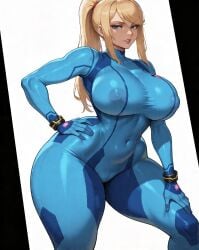 ai_generated blonde_hair bodysuit cameltoe cameltoe_spandex cleavage confident confident_female eye_contact frame huge_ass huge_breasts leaning leaning_forward metroid model_pose modeling nipples nipples_visible nipples_visible_through_clothing perfect_body picture_frame ponytail posing posing_for_picture posing_for_the_viewer samus_aran sexy sexy_body sexy_female sexy_pose white_background wide_hips wide_thighs zero_suit_samus