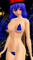 2025 3d mmd mikumikudance hati_yukkuri_mmd touhou humanoid tanned_female iku_nagae hat headwear bikini swimsuit blue_bikini short-haired_female blue-haired_female red-eyed_female blush big_breasts breasts cleavage clavicle midriff hips navel waist looking_at_viewer open_mouth
