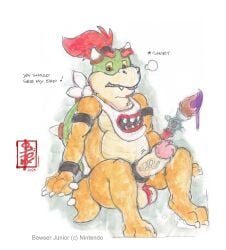 1boy accessory aged_up anthro aroused balls body_size_growth bowser_jr. brush cock_ring dragon english_text erection eyebrows fennec_(artist) foreskin furry furry_male furry_only genitals glans head_tuft jewelry kerchief koopa magic_paintbrush male male_only mario_(series) mythological_creature mythological_scalie mythology nintendo paintbrush painting_(artwork) penis penis_accessory penis_jewelry pink_glans pubes reptile scalie shell size_transformation solo solo_focus solo_male standing super_mario_sunshine text topknot traditional_media_(artwork) transformation tuft turtle vein veiny_penis watercolor_(artwork) wristband yellow_body yellow_sclera
