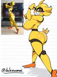 dalexnormal five_nights_at_freddy's five_nights_at_freddy's_2 lego scottgames toy_chica_(fnaf) avian bird chicken galliform phasianid robot_anthro 2024 artist_name hi_res anthro bib bib_only big_breasts big_butt biped black_sclera breasts bubble_butt butt cheek_dots disembodied_tail female huge_breasts lego_brick mostly_nude notebook_paper_background photo_reference pose segmented_arms segmented_legs sharp_teeth side_boob small_waist solo teeth text under_boob yellow_body