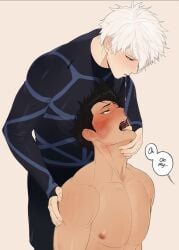 2boys athletic_male black_hair blue_lock blush drooling drooling_into_mouth english_text gay male male/male male_only masculine nagi_seishiro riffraffhellyea shouei_barou spitting_in_mouth submissive_male sweat white_hair