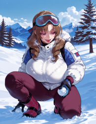 1girl 1girls ai_generated balecxi bangs black_gloves blue_gloves blue_sky boots braid breasts breath brown_hair clothing cloud coat curvaceous curvaceous_female curvaceous_figure curvy curvy_figure day drill_hair eyewear_on_head female female_focus footwear forest full_body fur_trim gloves goggles goggles_on_head holding hood huge_breasts jacket large_breasts long_hair long_sleeves mature_female milf mountain mountainous_horizon multicolored_clothes nature on_one_knee oosuki_mamako open_mouth outdoors pants parted_bangs pine_tree purple_eyes red_footwear ribbon ringlets shoes ski_goggles sky smile snow snowball solo squatting teeth thighs tongue tongue_out tree tsuujou_kougeki_ga_zentai_kougeki_de_ni-kai_kougeki_no_okaasan_wa_suki_desu_ka? two-tone_gloves uncensored voluptuous voluptuous_female white_coat white_jacket winter winter_clothes winter_coat