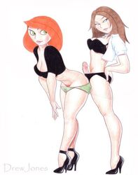 1futa 1girls bent_over black_bra bonnie_rockwaller buttjob clothes disney drew_jones female futa_on_female futanari high_heels human intersex kim_possible kimberly_ann_possible penis standing straight_hair tagme