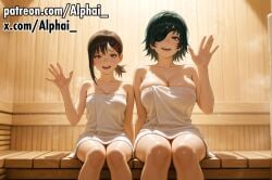 2025 2026 2girls absurd_res absurdres ai_generated alphai blush blushing breast_awe breasts_size_difference chainsaw_man cinematic_lighting colorful_background depth_of_field detailed_background detailed_hair detailed_skin dramatic_shadows eyepatch female female_only high_quality high_resolution highres himeno_(chainsaw_man) jealous kobeni_higashiyama large_breasts naughty_face particles patreon patreon_link patreon_url patreon_username raised_eyebrows sauna semirealistic sitting_together size_difference skindentation small_breasts sweat sweating towel towel_only volumetric_lighting waving waving_at_viewer