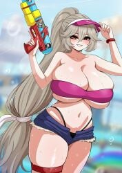 1girls alexandrina_sebastiane zenless_zone_zero the_only_shoe grey_hair hair tied_hair long_hair visor headwear brown_eyes wet wet_body side-tie_bikini bikini_top swimwear armwear bracelet holding_object holding_weapon weapon gun water_gun sticker huge_breasts large_breasts big_breasts breasts cleavage blue_shorts shorts thick_thighs thighs thigh_strap solo solo_female female female_only