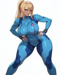 ai_generated blonde_hair bodysuit cameltoe cameltoe_spandex cleavage confident confident_female eye_contact hands_on_hips huge_ass huge_breasts leaning leaning_forward metroid model_pose modeling nipples nipples_visible nipples_visible_through_clothing perfect_body ponytail posing posing_for_picture posing_for_the_viewer samus_aran sexy sexy_body sexy_female sexy_pose white_background wide_hips wide_thighs zero_suit_samus