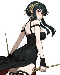 brokewyt ai_generated ai-generated uncensored yor_briar yor_forger spy_x_family 1girl solo long_hair breasts looking_at_viewer blush bangs large_breasts simple_background black_hair hair_ornament red_eyes thighhighs gloves white_background dress holding bare_shoulders jewelry closed_mouth weapon ass flower sidelocks cowboy_shot hairband earrings black_gloves looking_back black_thighhighs hair_flower fingerless_gloves from_behind holding_weapon black_dress rose back knife spikes dual_wielding holding_knife dagger two-sided_fabric holding_dagger gold_hairband two-sided_dress
