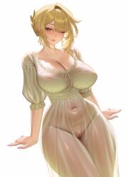 ai_generated patreon zenless_zone_zero evelyn_chevalier plushyplant boobs pussy belly_button cleavage dress frills medieval white_background blonde_hair big_breasts