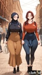 futanari big_penis big_balls large_penis saggy_balls futa_with_futa huge_cock flaccid flaccid_penis bulge bulge_through_clothing big_breasts size_difference penis_size_difference hyper_penis hijab comparing_penis public tight_clothing visible tight_pants thick_thighs walking ai_generated