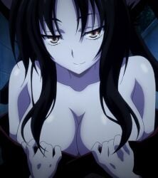 10s 1girl animal_ear_fluff animal_ears anime anime_screencap anime_screenshot bare_shoulders big_breasts black_hair breasts cat_ears cat_girl cleavage collarbone female_focus half-closed_eyes high_school_dxd highres kuroka kuroka_(high_school_dxd) large_breasts long_hair looking_at_viewer naughty_face nekomata pulling_own_clothes pulling_shirt_down screencap screenshot seductive seductive_gaze seductive_smile sidelocks slit_pupils smile solo stitched teasing third-party_edit tnk_(company) yellow_eyes