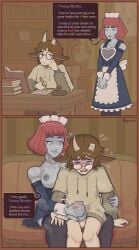 1boy 1girls android blue_eyes breasts brown_hair caprine coding comic commission cum dialogue ejaculation french glasses goat goat_boy goat_ears goat_horns hand_on_hip handjob kepchuk maid maid_headdress moaning movement_lines original_characters pink_hair pixel_art robot robot_girl robot_humanoid servant sitting sitting_on_person size_difference smiling student