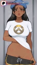 1girl 1girls 2026 ai_generated alternate_costume ana_amari artist_name average_breasts beret black_hair boobs breasts brown_eyes bust captain_amari chest cowboy_shot dark-skinned_female dark_skin electroworld emblem facial_tattoo female_pubic_hair hat hi_res high_quality high_resolution highres lipstick medium_breasts navel no_panties normal_breasts official_alternate_costume overwatch parted_lips patreon patreon_username pubic_hair short_sleeves solo stable_diffusion tattoo tits undressing watermark young_ana_amari younger