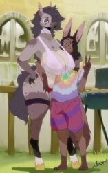 absurd_res anthro barbecue big_breasts bikini blulesnsfw breasts bulge canid canine clothing curly_hair equid equine erection fox furry hair hi_res horse long_hair mammal outside shirt size_difference swimwear tied_shirt topwear translucent two-piece_swimsuit